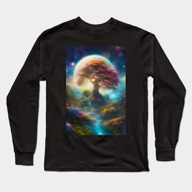 Tree With the Moon on Background Long Sleeve T-Shirt by JDI Fantasy Images